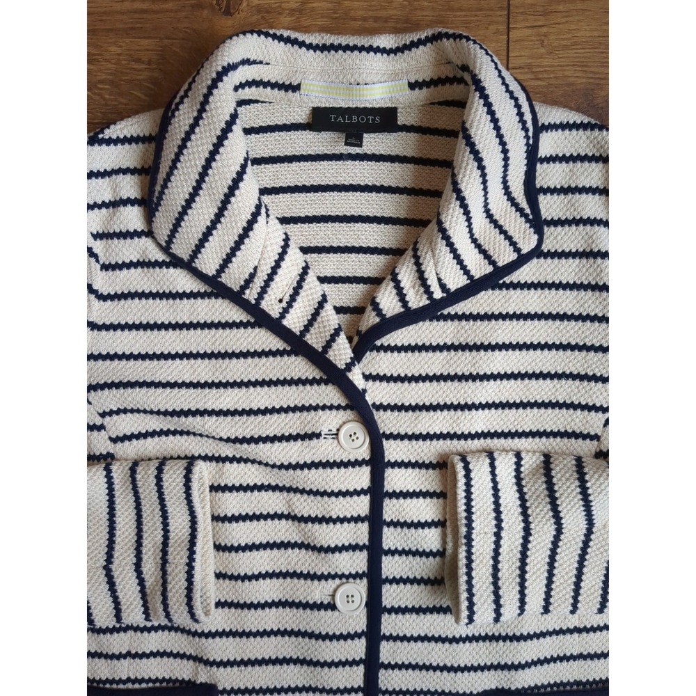 Talbots Womens L Long Sleeve Collared‎ Button Striped Nautical  Knit Sweater - Picture 2 of 10